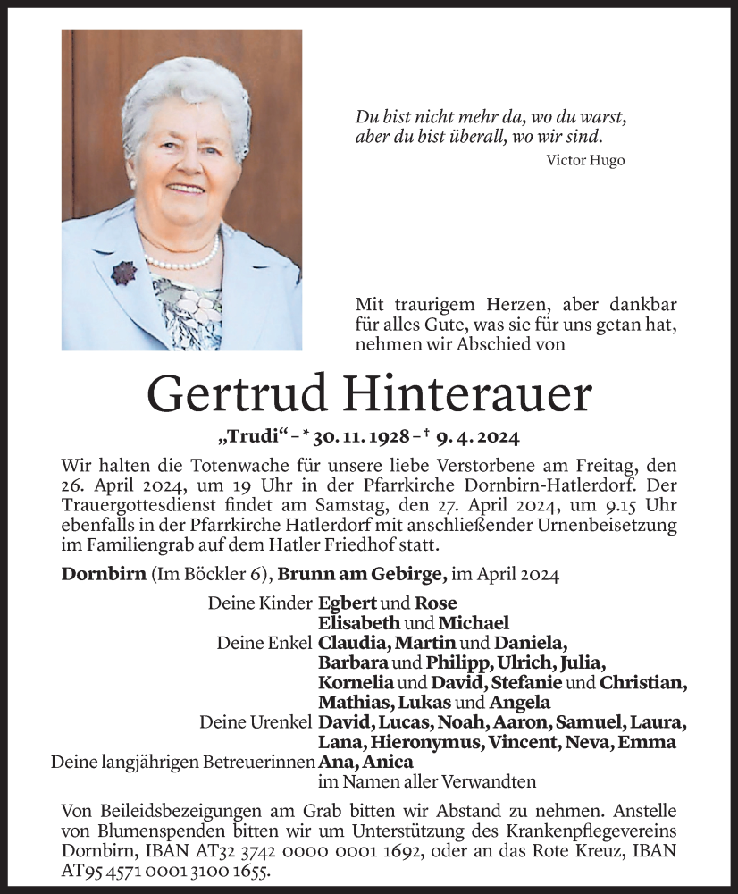  Todesanzeige für Gertrud Hinterauer vom 23.04.2024 aus Vorarlberger Nachrichten