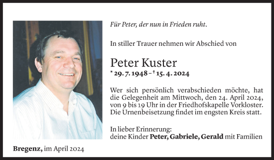Todesanzeige von Peter Kuster von Vorarlberger Nachrichten