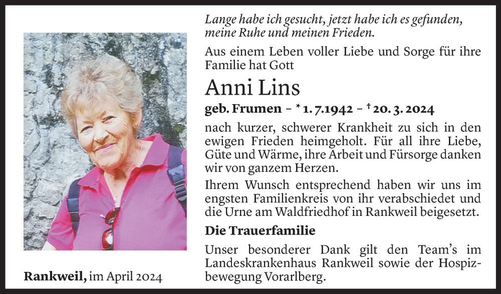  Todesanzeige für Anni Lins vom 06.04.2024 aus Vorarlberger Nachrichten