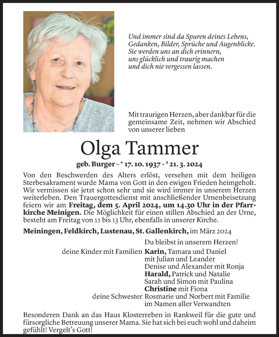 Todesanzeige von Olga Tammer von Vorarlberger Nachrichten