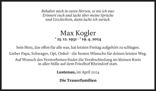 Todesanzeige von Max Kogler von Vorarlberger Nachrichten