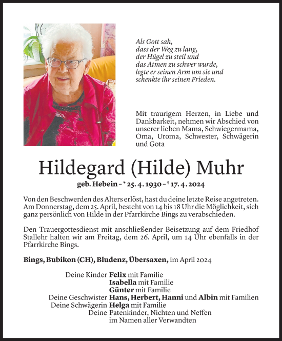 Todesanzeige von Hildegard Muhr von Vorarlberger Nachrichten