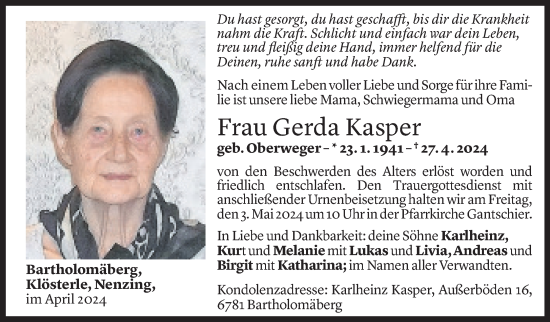 Todesanzeige von Gerda Kasper von Vorarlberger Nachrichten