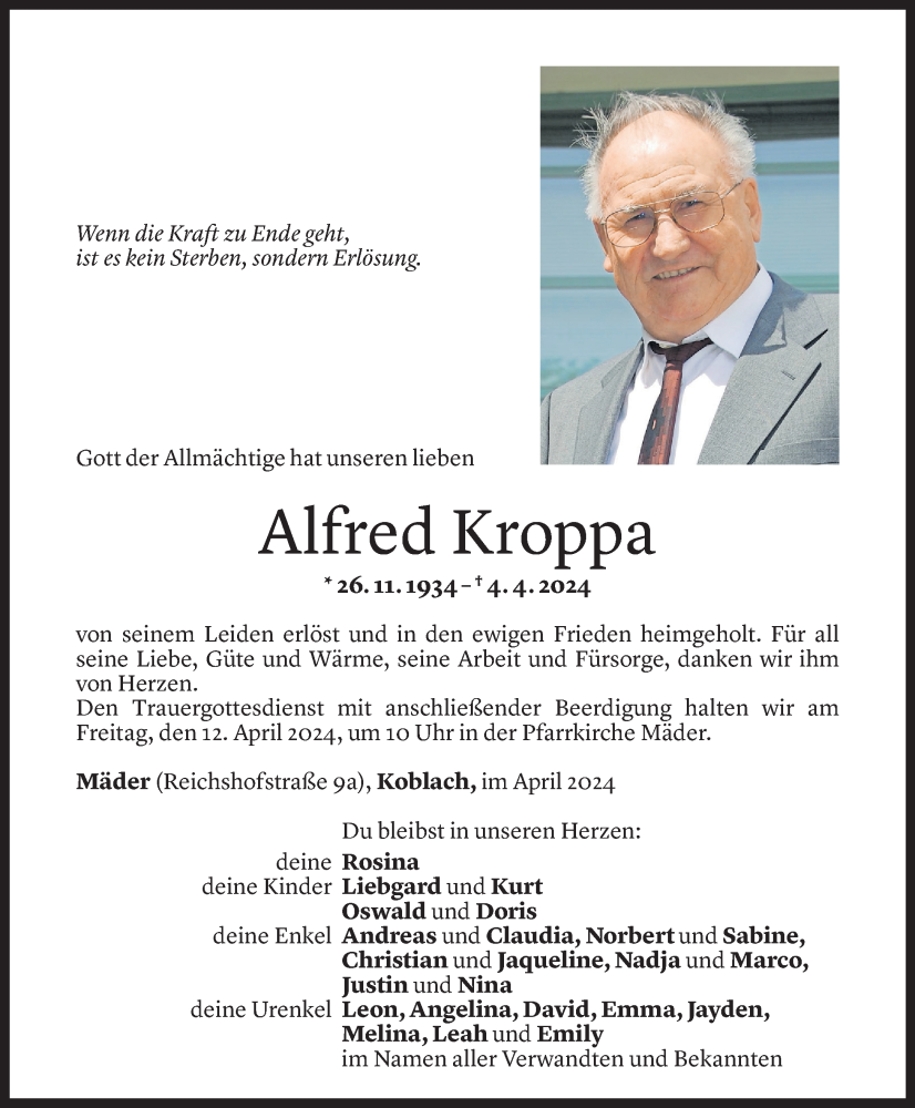 Todesanzeige für Alfred Kroppa vom 10.04.2024 aus Vorarlberger Nachrichten