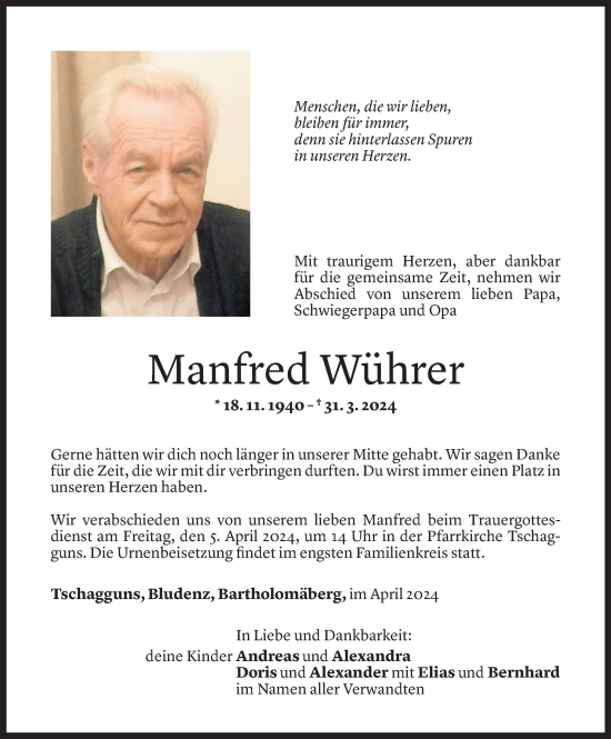 Todesanzeige von Manfred Wührer von Vorarlberger Nachrichten