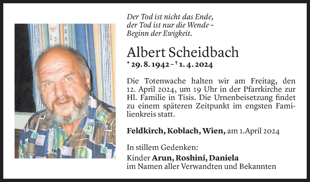  Todesanzeige für Albert Scheidbach vom 09.04.2024 aus Vorarlberger Nachrichten