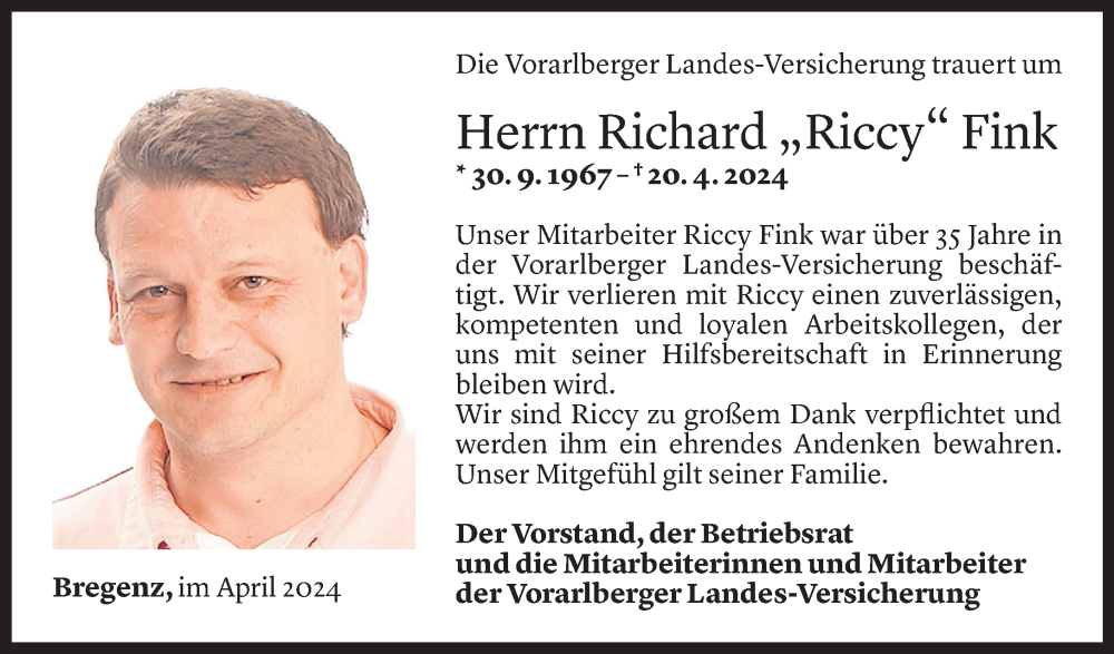  Todesanzeige für Richard Fink vom 24.04.2024 aus Vorarlberger Nachrichten