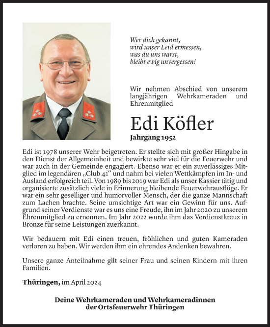 Todesanzeige von Eduard Köfler von Vorarlberger Nachrichten