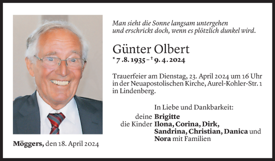 Todesanzeige von Günter Olbert von Vorarlberger Nachrichten