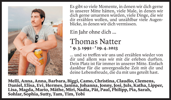Todesanzeige von Thomas Natter von Vorarlberger Nachrichten