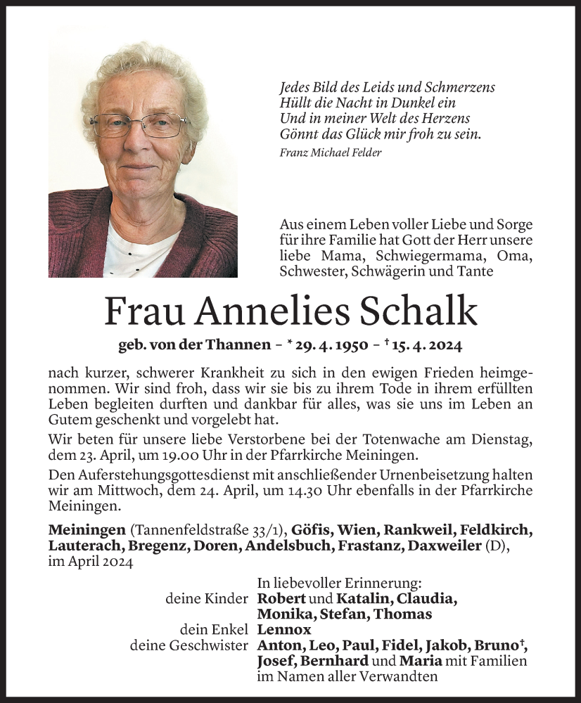  Todesanzeige für Annelies Schalk vom 19.04.2024 aus Vorarlberger Nachrichten