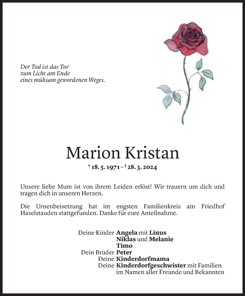  Todesanzeige für Marion Kristan vom 08.04.2024 aus Vorarlberger Nachrichten