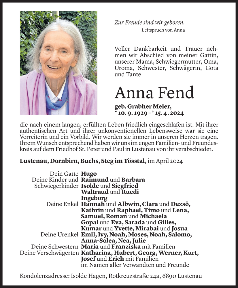  Todesanzeige für Anna Fend vom 20.04.2024 aus Vorarlberger Nachrichten