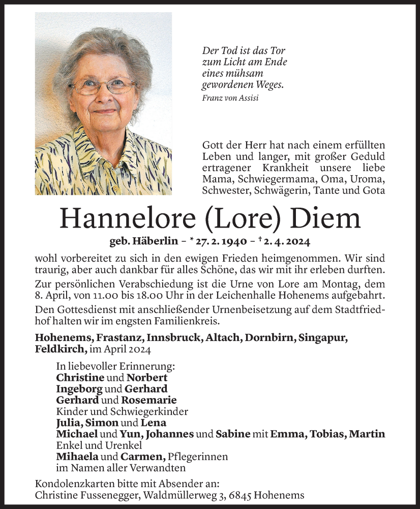  Todesanzeige für Hannelore Diem vom 06.04.2024 aus Vorarlberger Nachrichten