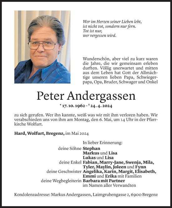 Todesanzeige von Peter Andergassen von Vorarlberger Nachrichten