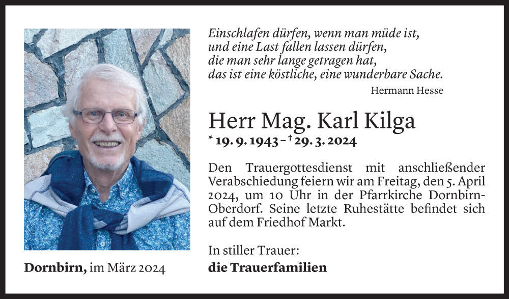  Todesanzeige für Karl Kilga vom 03.04.2024 aus Vorarlberger Nachrichten