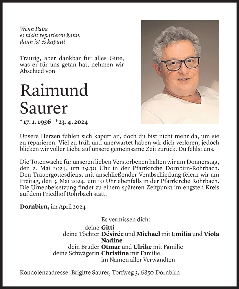  Todesanzeige für Raimund Saurer vom 26.04.2024 aus Vorarlberger Nachrichten