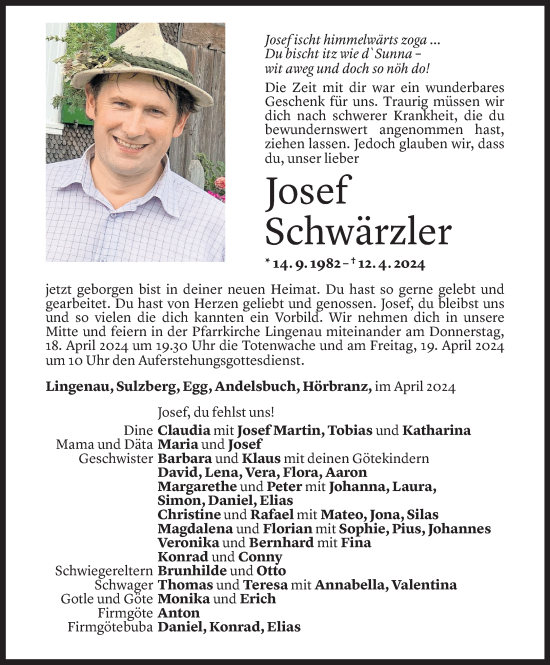 Todesanzeige von Josef Schwärzler von Vorarlberger Nachrichten