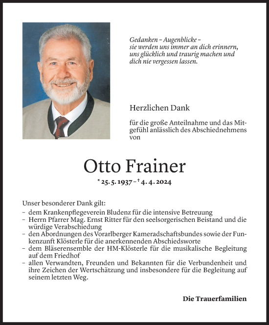 Todesanzeige von Otto Frainer von Vorarlberger Nachrichten