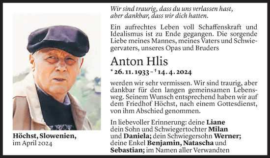 Todesanzeige von Anton Hlis von Vorarlberger Nachrichten