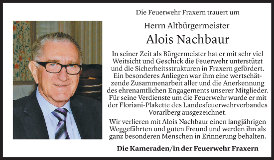 Todesanzeige von Alois Nachbaur von Vorarlberger Nachrichten