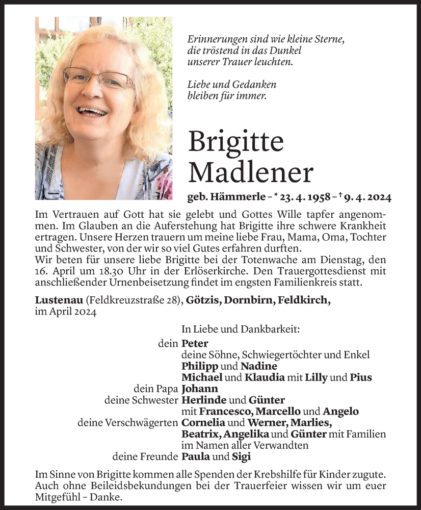  Todesanzeige für Brigitte Madlener vom 12.04.2024 aus Vorarlberger Nachrichten
