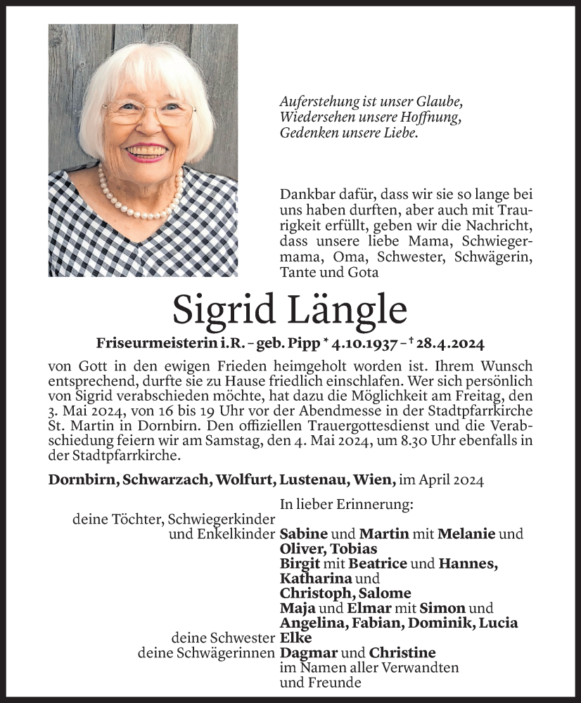  Todesanzeige für Sigrid Längle vom 01.05.2024 aus Vorarlberger Nachrichten