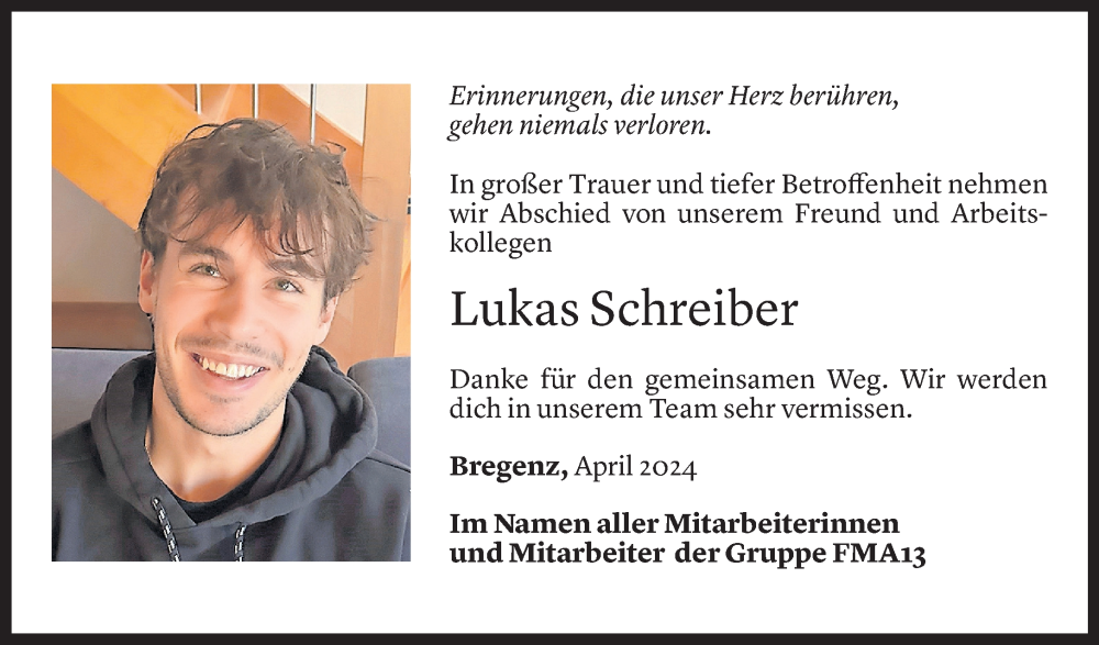  Todesanzeige für Lukas Schreiber vom 03.04.2024 aus Vorarlberger Nachrichten