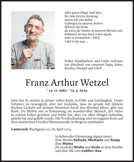 Todesanzeige von Franz Wetzel von Vorarlberger Nachrichten