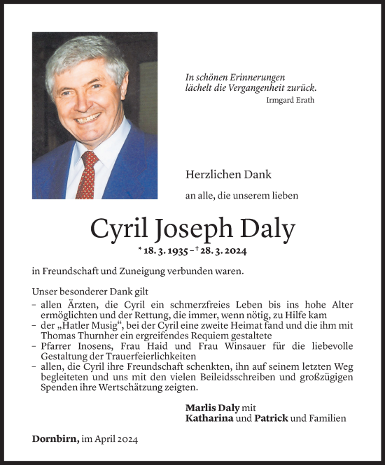 Todesanzeige von Cyril Daly von Vorarlberger Nachrichten