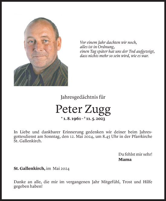 Todesanzeige von Peter Zugg von Vorarlberger Nachrichten