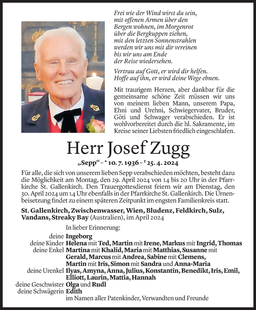  Todesanzeige für Josef Zugg vom 26.04.2024 aus Vorarlberger Nachrichten