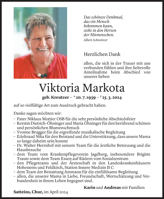 Todesanzeige von Viktoria Markota von Vorarlberger Nachrichten