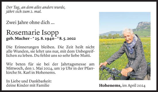 Todesanzeige von Rosemarie Isopp von Vorarlberger Nachrichten