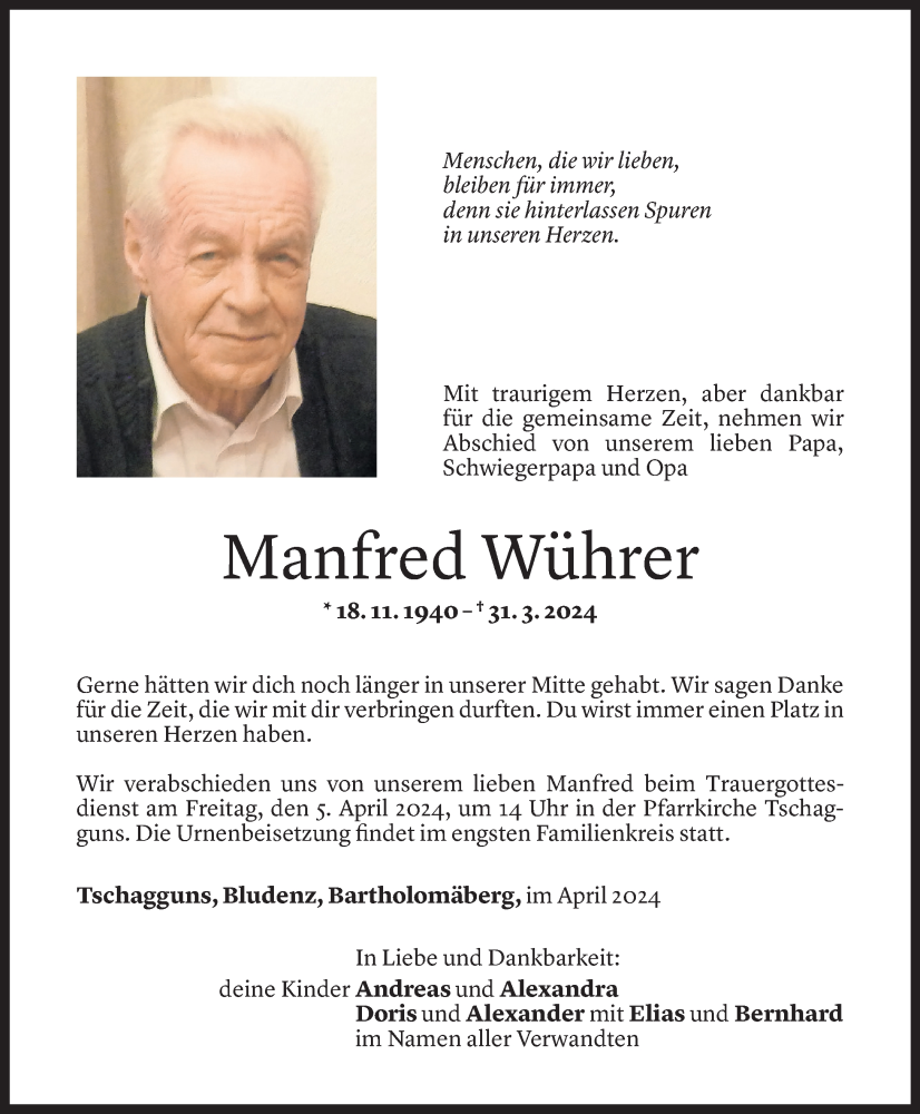  Todesanzeige für Manfred Wührer vom 03.04.2024 aus Vorarlberger Nachrichten