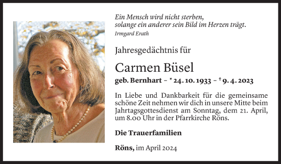 Todesanzeige von Carmen Büsel von Vorarlberger Nachrichten