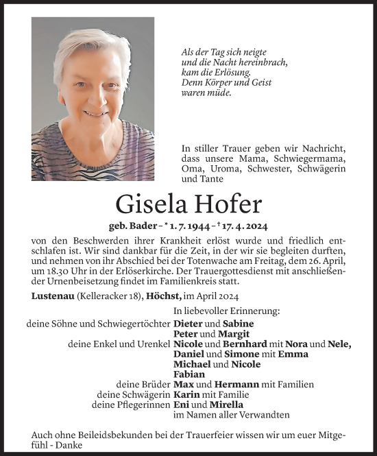 Todesanzeige von Gisela Hofer von Vorarlberger Nachrichten