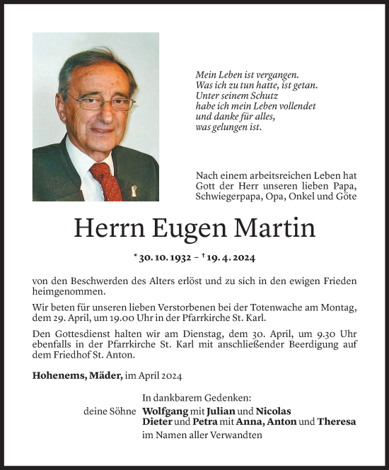 Todesanzeige von Eugen Martin von Vorarlberger Nachrichten