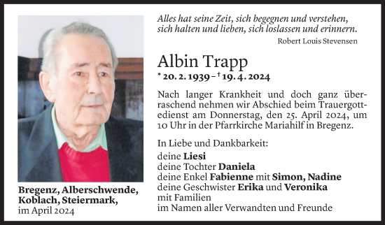 Todesanzeige von Albin Trapp von Vorarlberger Nachrichten