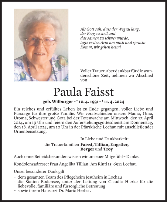 Todesanzeige von Paula Faisst von Vorarlberger Nachrichten