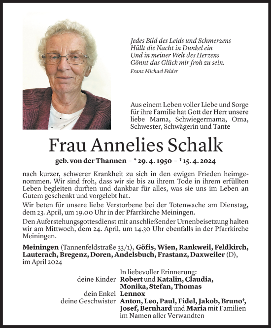 Todesanzeige von Annelies Schalk von Vorarlberger Nachrichten