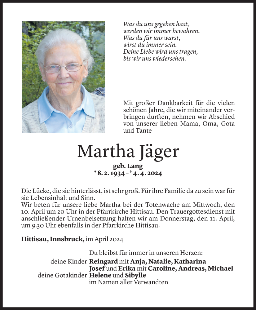  Todesanzeige für Martha Jäger vom 09.04.2024 aus Vorarlberger Nachrichten