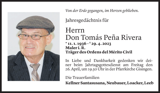 Todesanzeige von Tomas Pena Rivera von Vorarlberger Nachrichten