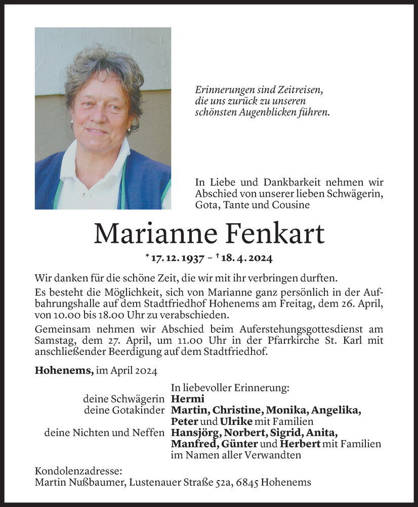  Todesanzeige für Marianne Fenkart vom 24.04.2024 aus Vorarlberger Nachrichten