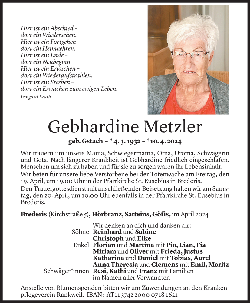  Todesanzeige für Gebhardine Metzler vom 16.04.2024 aus Vorarlberger Nachrichten