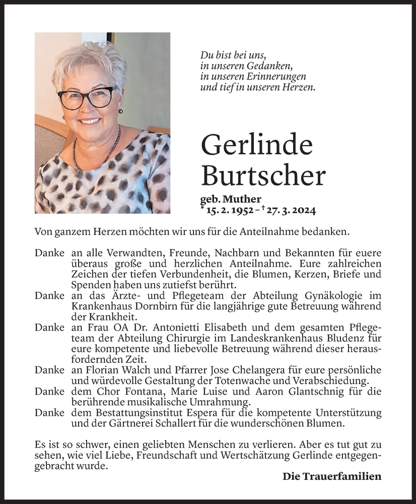  Todesanzeige für Gerlinde Burtscher vom 26.04.2024 aus Vorarlberger Nachrichten