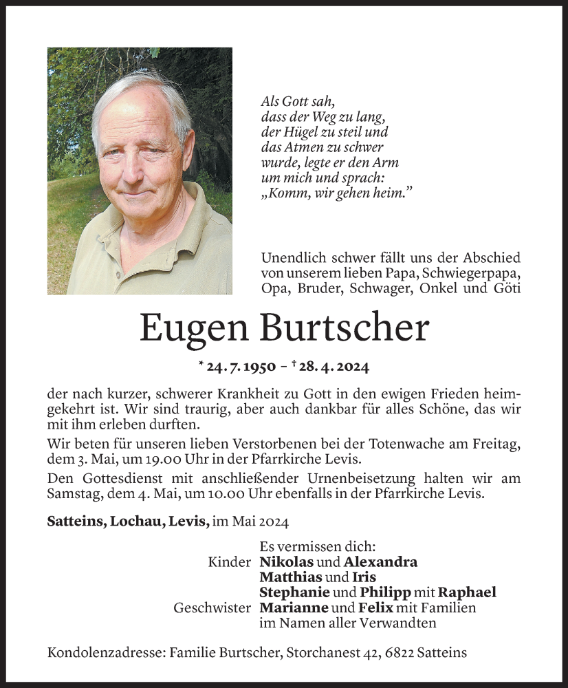  Todesanzeige für Eugen Burtscher vom 01.05.2024 aus Vorarlberger Nachrichten