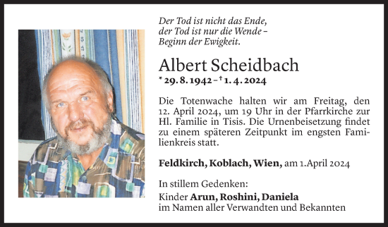 Todesanzeige von Albert Scheidbach von Vorarlberger Nachrichten
