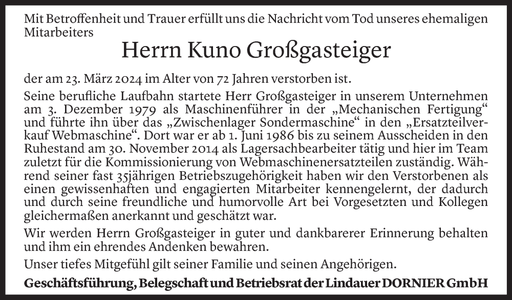  Todesanzeige für Kuno Großgasteiger vom 04.04.2024 aus Vorarlberger Nachrichten