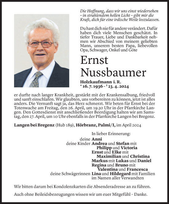 Todesanzeige von Ernst Nussbaumer von Vorarlberger Nachrichten